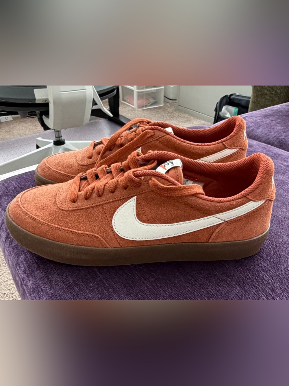 Nike Men’s Orange Suede Low-Top Sneakers with White Swoosh